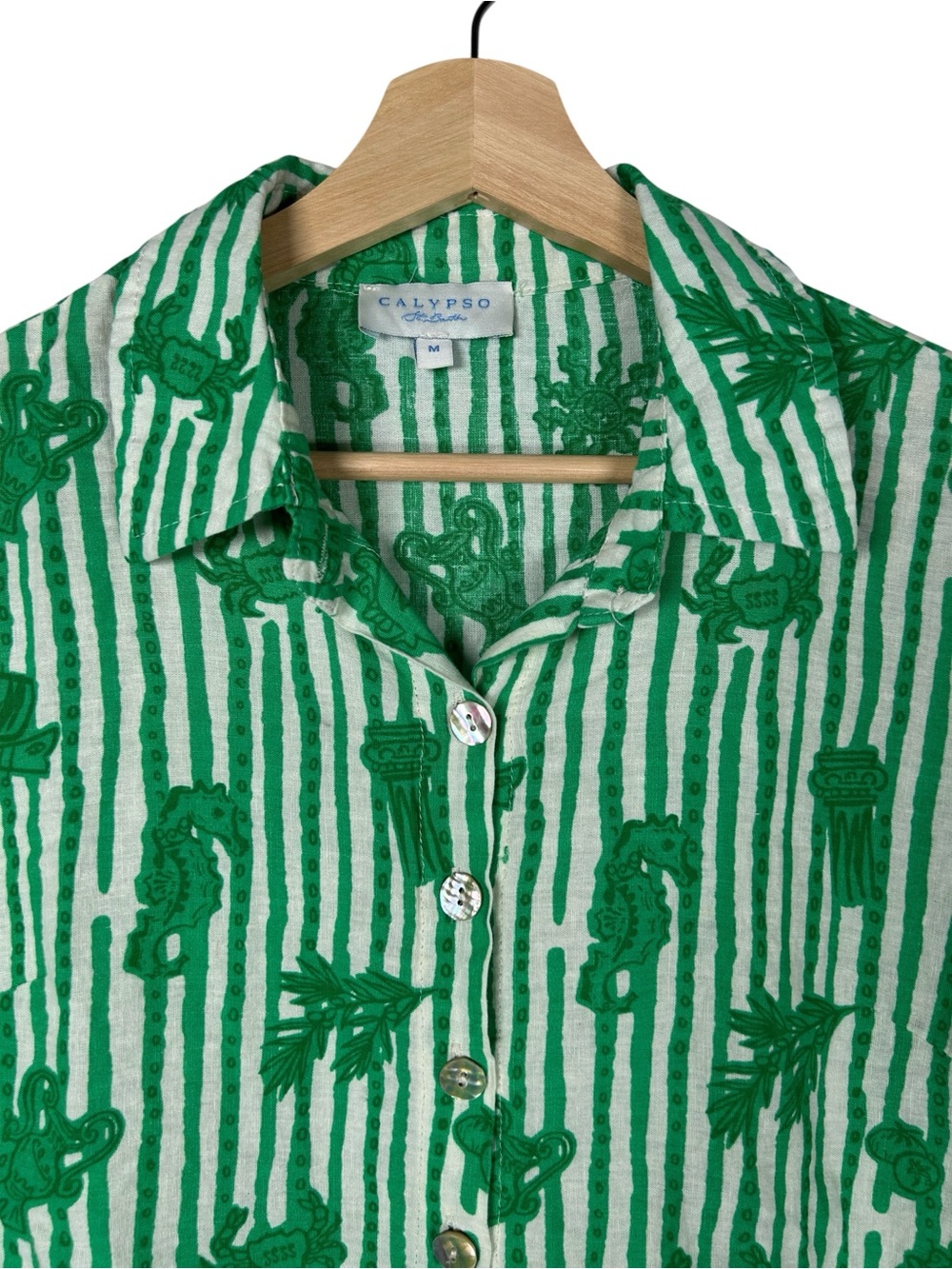 Calypso St. Barth Shirt Top Linen Sicily Roll tab Short Sleeve Green Sz M - Picture 3 of 9